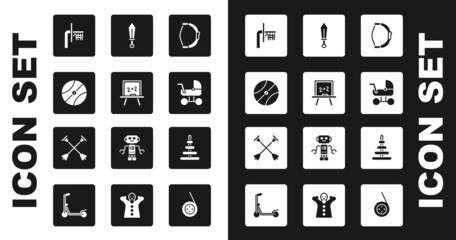 Wall Mural - Set Bow toy, Chalkboard, Basketball ball, backboard, Baby stroller, Sword, Pyramid and Arrow with sucker tip icon. Vector