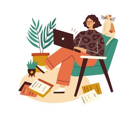 Wall Mural - Creative writer with laptop and scattered papers around. Female author working with copies and computer. Woman creating, composing and writing. Flat vector illustration isolated on white background