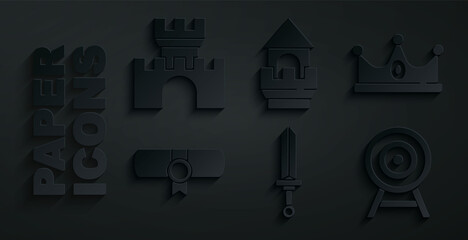 Sticker - Set Medieval sword, King crown, Decree, parchment, scroll, Target with arrow, Castle tower and Castle, fortress icon. Vector