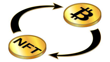 Wall Mural - nft and bitcoin circulation isometric concept with black symbols on gold coins and cyclical arrows i