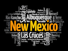 List Of Cities In New Mexico USA State, Word Cloud Concept Background