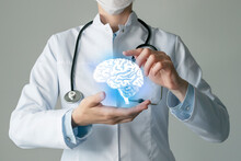 Neurologist Doctor, Brain Specialist. Aesthetic Handdrawn Highlighted Illustration Of Human Brain. Neutral Grey Background, Studio Photo And Collage.