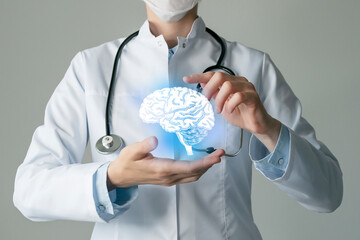 Neurologist doctor, brain specialist. Aesthetic handdrawn highlighted illustration of human brain. Neutral grey background, studio photo and collage.