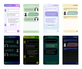 Wall Mural - chat bot windows set. dark night and light mode. user interface of application with online dialogue.