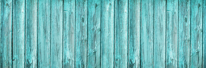 Sticker - Light blue green wood texture. Old weathered shabby wood surface. Turquoise vintage background with copy space for design. Wide banner.