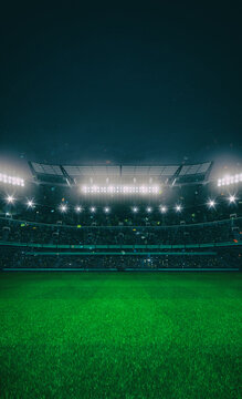 Wall Mural -  - Stadium building full of spectators expecting an evening match on the grass field. High format for social network banners or posters. Sport building 3D professional background illustration.