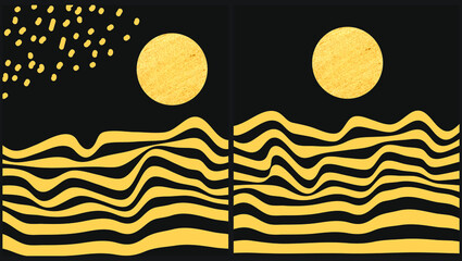 Mid century gold and black minimalist wavy retro art with abstract landscapes, sea, sun and moon. Vintage posters, line art illustrations for wall art, posters, cards, brochure design.