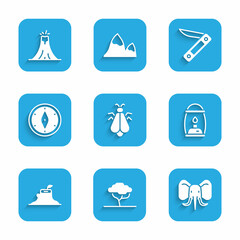 Poster - Set Mosquito, African tree, Elephant, Camping lantern, Tree stump, Compass, Swiss army knife and Volcano eruption icon. Vector