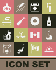 Sticker - Set Canadian ranger hat, Skates, Bottle of maple syrup, Canada day with leaf, Paddle, Stone for curling, and icon. Vector