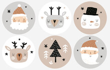 Cute Christmas Party Vector Stickers. Shape Party Tags With Snowman, Deer, Santa Claus And Trees On A White, Gray And Brown Background. Hand Drawn Infantile Style Winter Holidays Cake Toppers. 