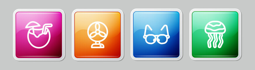 Sticker - Set line Coconut cocktail, Electric fan, Glasses and Jellyfish. Colorful square button. Vector