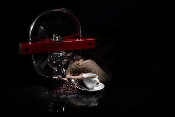 Sticker - Aromatic coffee made with a coffee machine with fresh coffee beans in a black space