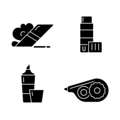 Sticker - School accessories black glyph icons set on white space. Eraser for artistic use. Glue stick. Highlighter marker. Correction tape. Tools for study. Silhouette symbols. Vector isolated illustration