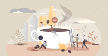 Coffee break and pause from work with hot cafe drink tiny person concept. Time for relaxation with business colleagues and espresso vector illustration. Fresh brewed aromatic beans in the morning.