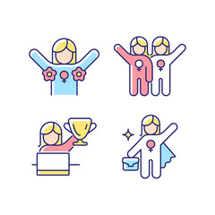 Poster - Women rights movement RGB color icons set. Radical feminism. Female friendship. Leadership role. Gender diversity at work. Isolated vector illustrations. Simple filled line drawings collection