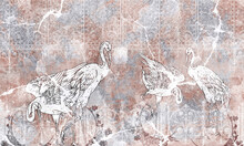 Drawn Art Cranes Birds And Textured Background Wall Murals In The Room