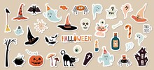 Halloween Stickers Collection With Different Seasonal Elements, Big Collection Isolated, Vector Design