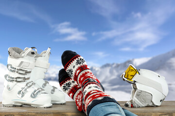 Wall Mural - Desk of free space and winter time in mountains. 