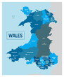 Wales, United Kingdom country region political map. High detailed vector illustration with isolated provinces, departments, regions, counties, cities and states easy to ungroup.