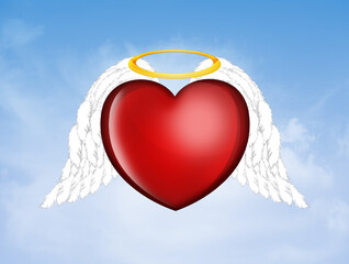 Sticker - illustration of heart with wings and halo in the sky