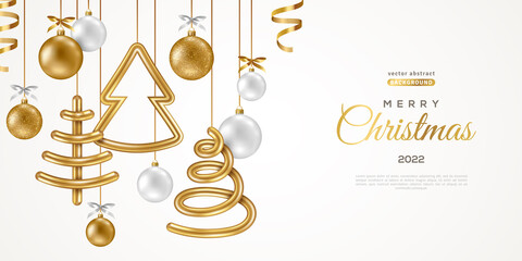 Wall Mural - Merry Christmas and Happy New Year 2022 poster with hanging gold 3d baubles. Vector illustration. Winter holiday invitation with geometric decoration. Golden and white balls, spiral cone tree