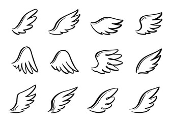 Wall Mural - Angel doodle wing set. Hand drawn sketch style wing. Bird feather, angel concept vector illustration. Pencil line drawing.