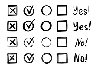 Aufkleber - Check and cross mark set. Hand drawn doodle sketch style. Vote, yes, no drawn concept. Checkbox, cross mark with box, circle element. Vector illustration.