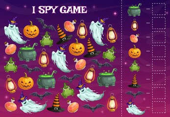 Sticker - I spy kids game with Halloween characters, vector educational puzzle. Development of numeracy skills and attention, cartoon riddle page. Math worksheet for kindergarten, school, preschool children