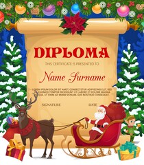 Kids Christmas diploma or certificate template with Santa character. Child education graduation certificate, holiday invitation. Santa in sleigh with reindeer, Christmas tree and gifts cartoon vector