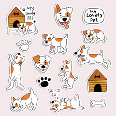 A set of stickers with cute dogs. Pets, animals, puppy. Doodle style illustration