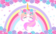 Fantasy Blue And Pink Background With The Head Of A Magical Unicorn With Closed Eyes, Rainbow, Hearts And Stars.