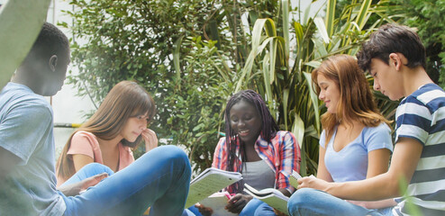 Wall Mural - Multi ethnic group of five students sitting on the grass doing homework and relaxing