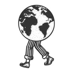 Earth globe walking on legs sketch engraving vector illustration. T-shirt apparel print design. Scratch board imitation. Black and white hand drawn image.