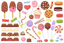 Cartoon Candies, Sweets, Desserts, Lollipops, Chocolate. Candy, Cupcake, Macaron, Ice Cream, Jelly Worm. Sweet Confectionery Dessert Vector Set. Cookies And Muffins For Candy Bar Isolated On White