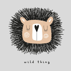 Wall Mural - Wild Thing. Simple Hand Drawn Vector Illustrations with Cute Dreamy Lion. Infantile Style Nursery Vector Print ideal for Wall Art, Poster, Card. Funny Brown Lion Isolated on a Gray Background.