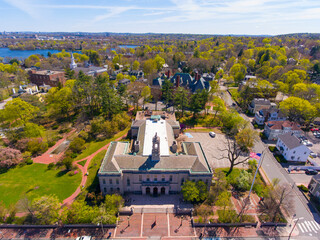 Robbins Memorial Town Hall of Arlington at 730 Massachusetts Ave in historic town center of Arlington, Massachusetts MA, USA. 