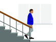 Male character in business clothes going down the stairs