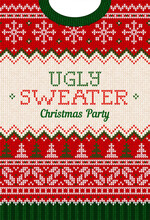 Ugly Sweater Christmas Party Invite. Knitted Background Pattern Scandinavian Knitting Ornaments.