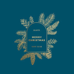 Wall Mural - Merry Christmas Abstract Banner Card with Frame Label and Modern Typography. Hand Drawn Pine Branches, Mistletoe, Strobile and Holly Sketches. Premium Background and Golden Greeting Sketch Layout