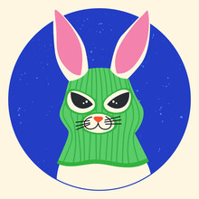Funny Hare Wearing A Balaclava Ski Mask. Hipster Rabbit Dressed As A Robber With A Colourful Thief Mask. Isolated Print For T-shirt, Poster, Mug, And For Cricut.
