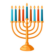 Happy Hanukkah Illustration Of Menorah With Candles. Holiday Icon In Cartoon Style.