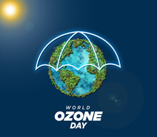 World Ozone Day Concept Design With Green Globe. Ozone Day 3d Illustration Background. Ozone Layer Protect The Green Earth Concept.