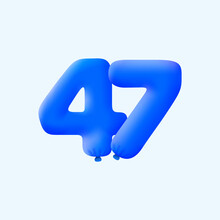 Blue 3D Number 47 Balloon Realistic 3d Helium Blue Balloons. Vector Illustration Design Party Decoration, Birthday,Anniversary,Christmas, Xmas,New Year,Holiday Sale,celebration,carnival,inflatable