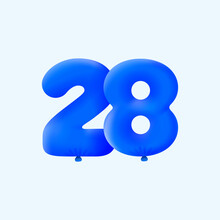 Blue 3D Number 28 Balloon Realistic 3d Helium Blue Balloons. Vector Illustration Design Party Decoration, Birthday,Anniversary,Christmas, Xmas,New Year,Holiday Sale,celebration,carnival,inflatable