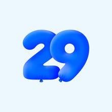 Blue 3D Number 29 Balloon Realistic 3d Helium Blue Balloons. Vector Illustration Design Party Decoration, Birthday,Anniversary,Christmas, Xmas,New Year,Holiday Sale,celebration,carnival,inflatable