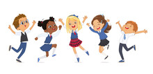 Group Diverse Elementary Classmates In School Uniform Jumping Surrounded By Flying Notebooks And Books. Adorable School Boys And Girls Have Fun Together Horizontal Banner Isolated