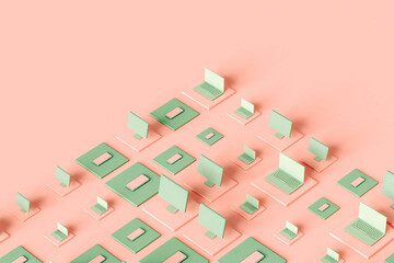 Laptop, pc, and phones on pink background