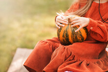 Close-up Of Pumpkin In Hands Of Girl. Autumn And Harvest Concept, Thanksgiving...