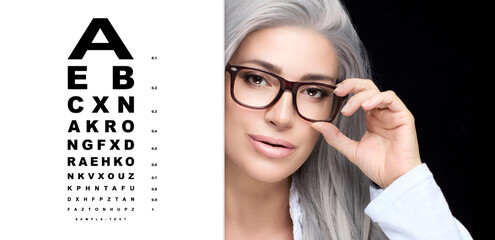 Wall Mural - Beautiful mature woman wearing fashionable eyewear with optical test chart