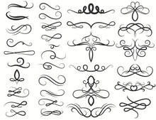 Calligraphy Swirl, Ink Pen Filigree Flourishes. Ornate Frame Elements. Vintage Curl And Swirly Line. Vector